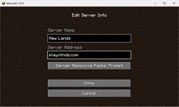 Minecraft Java Edition - Edit Server Info Menu - Screenshot